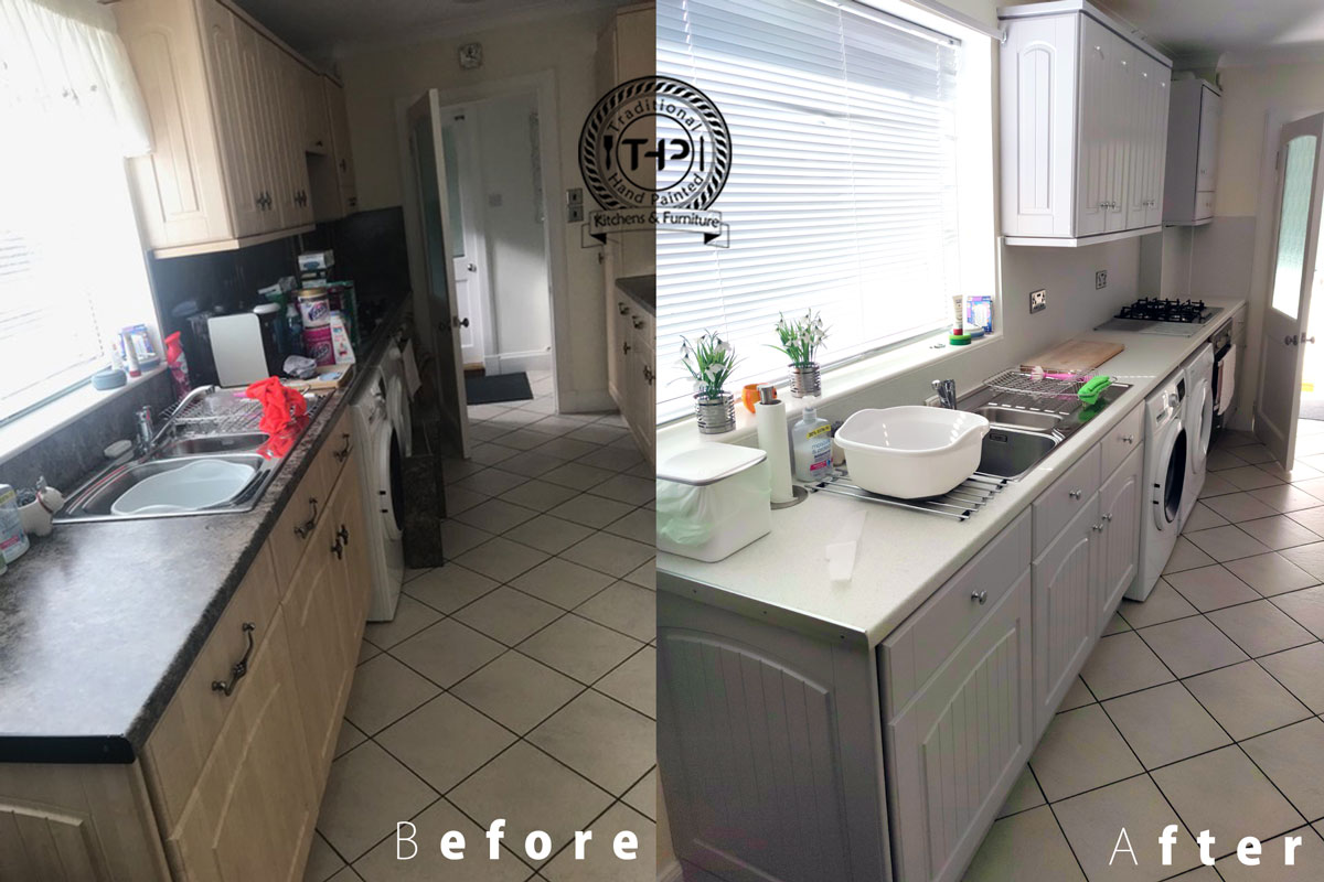 image of white hand painted cabeints and copper handle