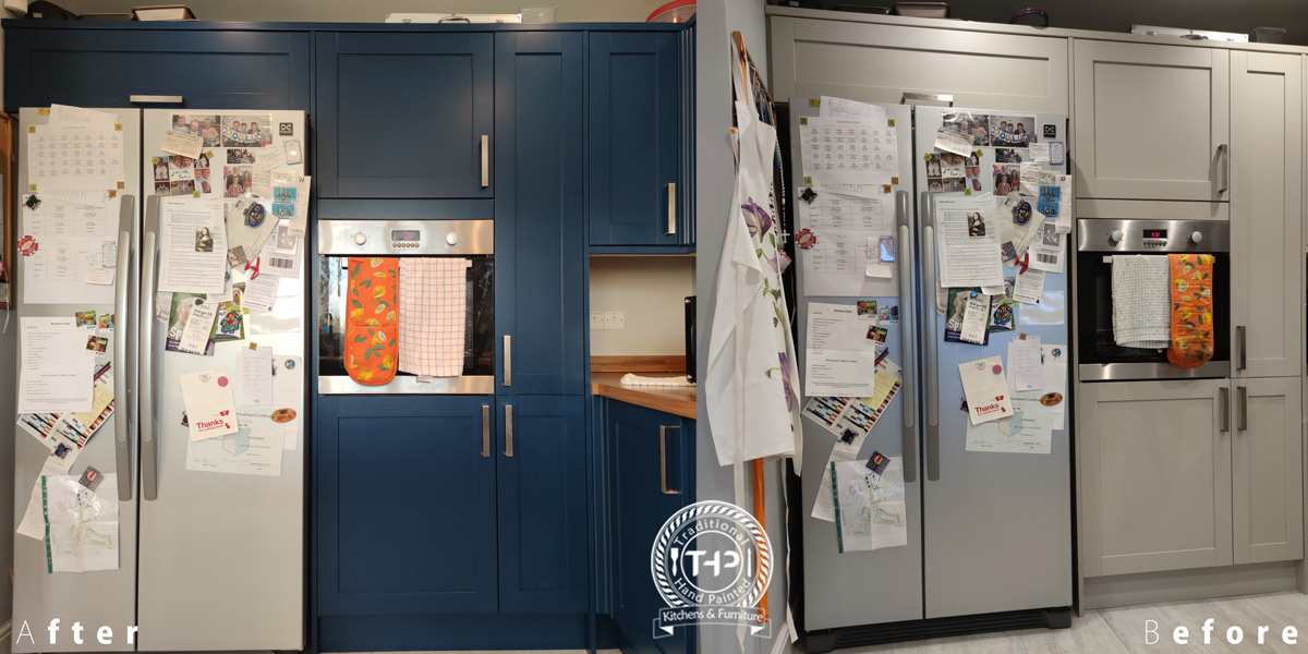 image of white hand painted cabeints and copper handle