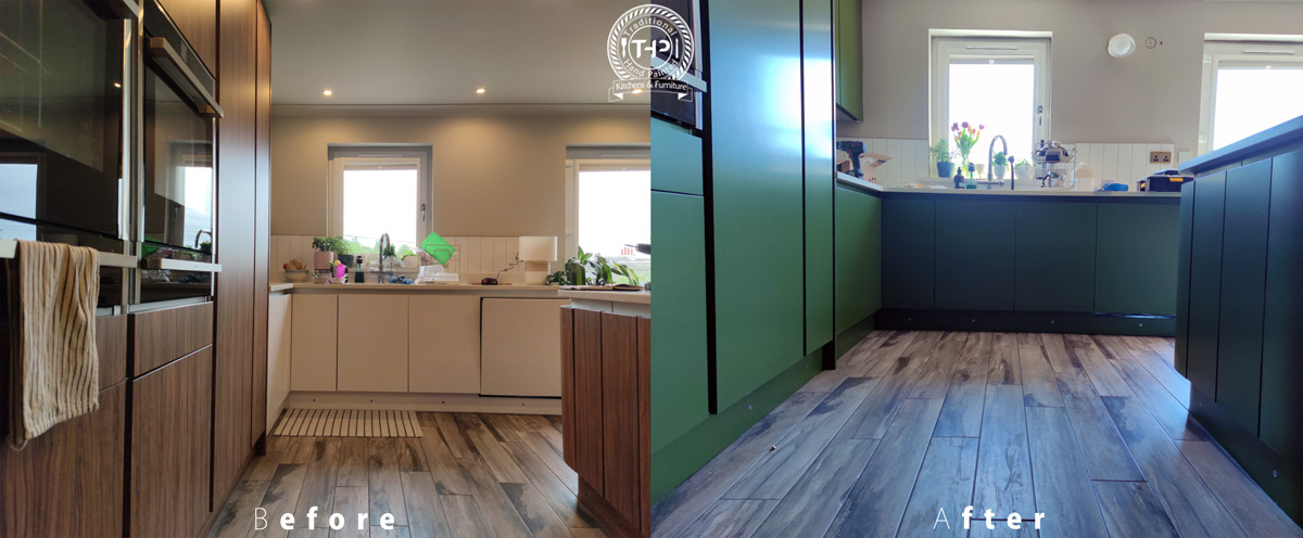 before and after photo of kitchen cabinets