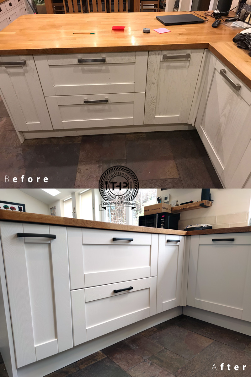 wide shot photo of hand painted white wood cabinets