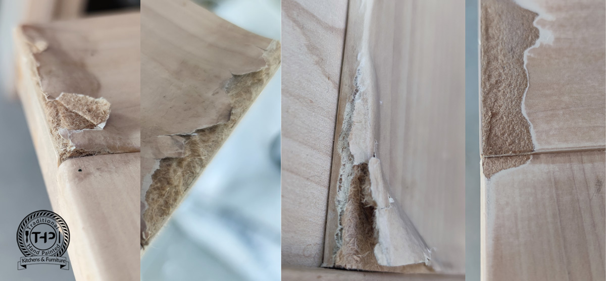 wide shot photo of hand painted white wood cabinets